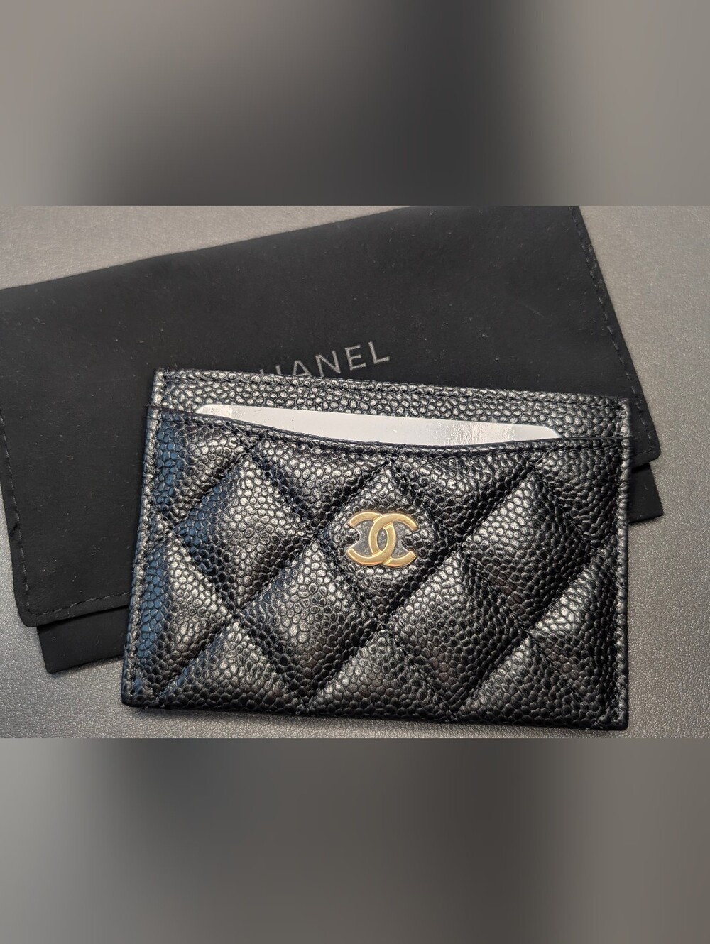 CHANEL Black Quilted Caviar Leather Card Case with Gold CC